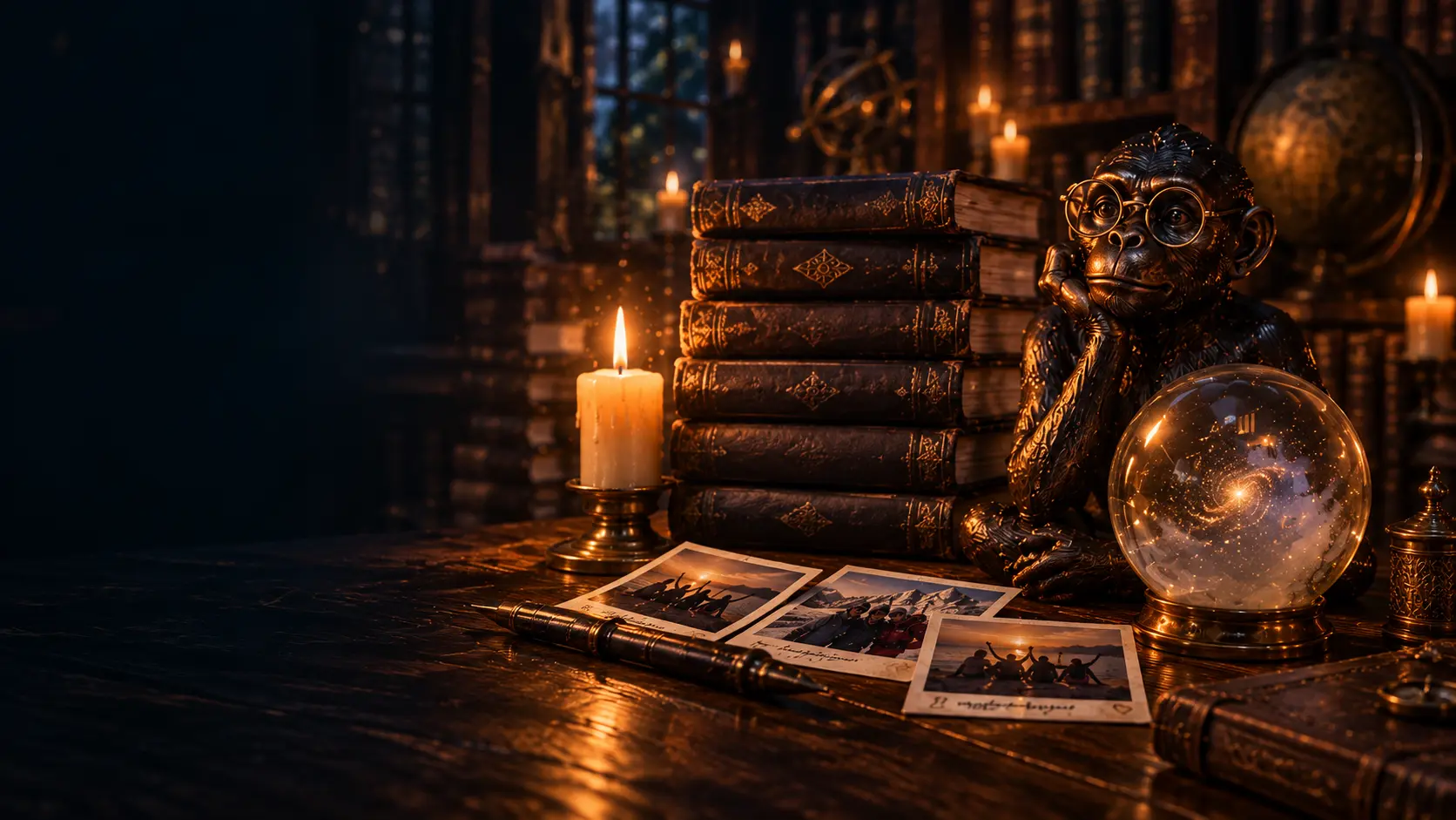 Archivo mágico con un mono de bronce, libros antiguos, una vela y una bola de cristal