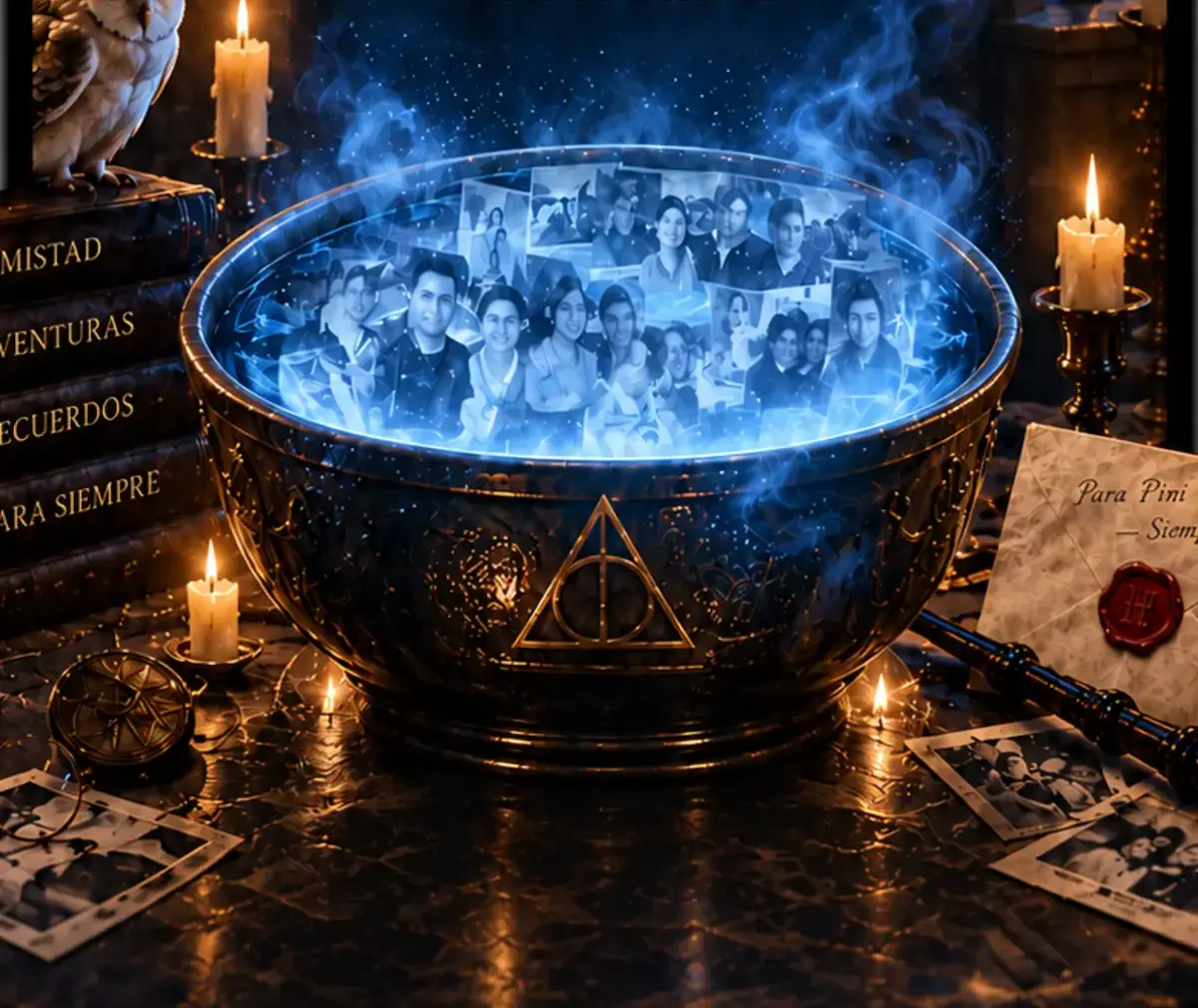 Pensadero mágico iluminado en azul, rodeado de fotografías, velas y recuerdos